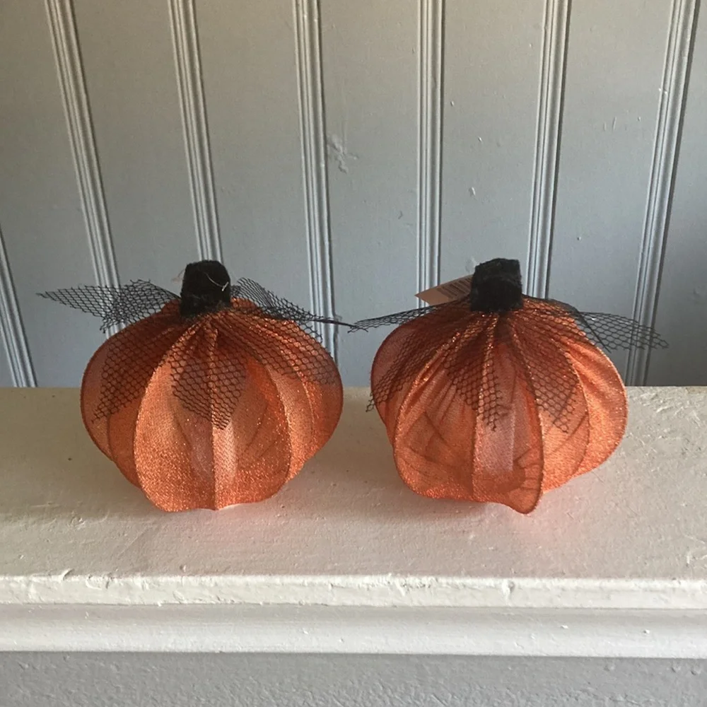 NWT- 2- Elegant Orange Lace Covered Light Up LED Halloween Pumpkin Decorations